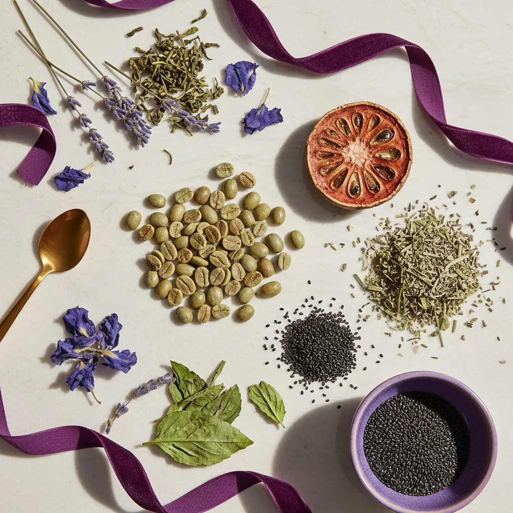 Flat lay of green coffee beans, garcinia cambogia fruit, chromium-rich seeds and dried botanicals on a stone surface