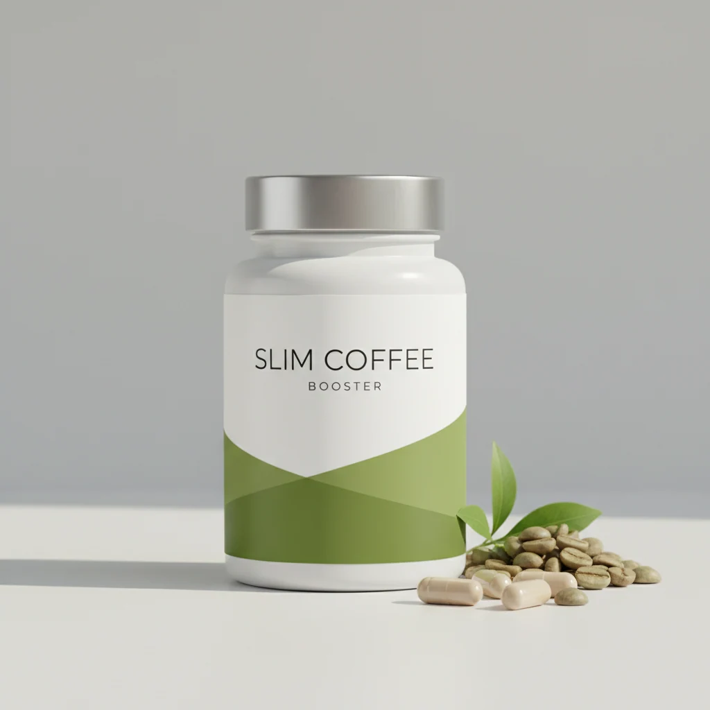 Slim Coffee Booster compact square box, dark navy with purple duotone design and gold lettering